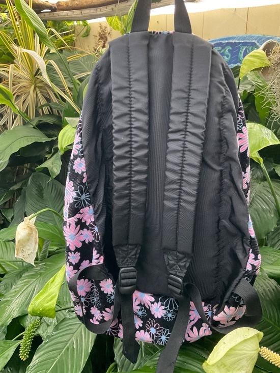 VTG JanSport Black With Pink Flowers Corduroy Backpack